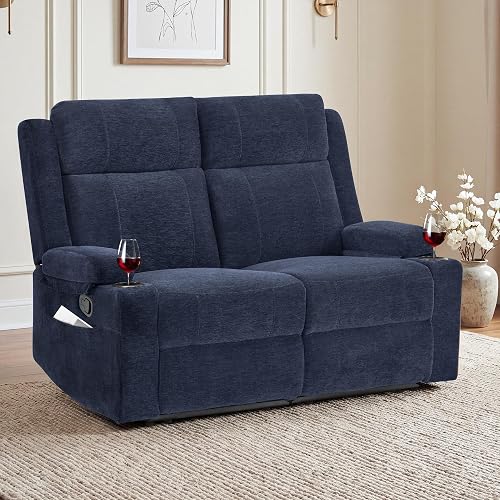 GUEAPY Reclining Loveseat for Living Room, 55" Manual Reclining Sofa with Chenille Fabric, Dual Cup Holders, 2 Side Pockets, Reclining Couch for Home Cinema & Movie Room,Blue