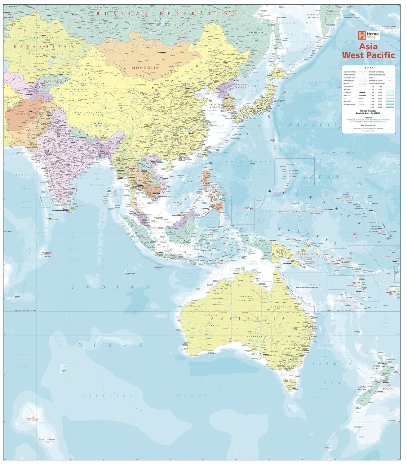 Asia West Pacific Political Wall Map - 39.5" x 34.5" Laminated