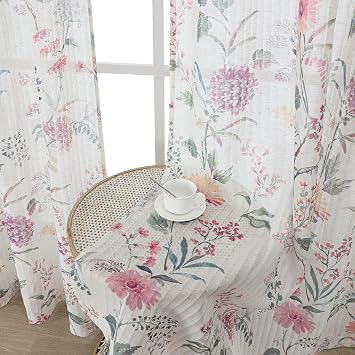 Pink Floral Sheer Curtains 63 Inch Length 2 Panels, Dual Rod Pocket Flower Patterned Sheer Curtains for Girls Bedroom, Light Filtering Drapes for Living Room, Each Panel 52" W x 63" L