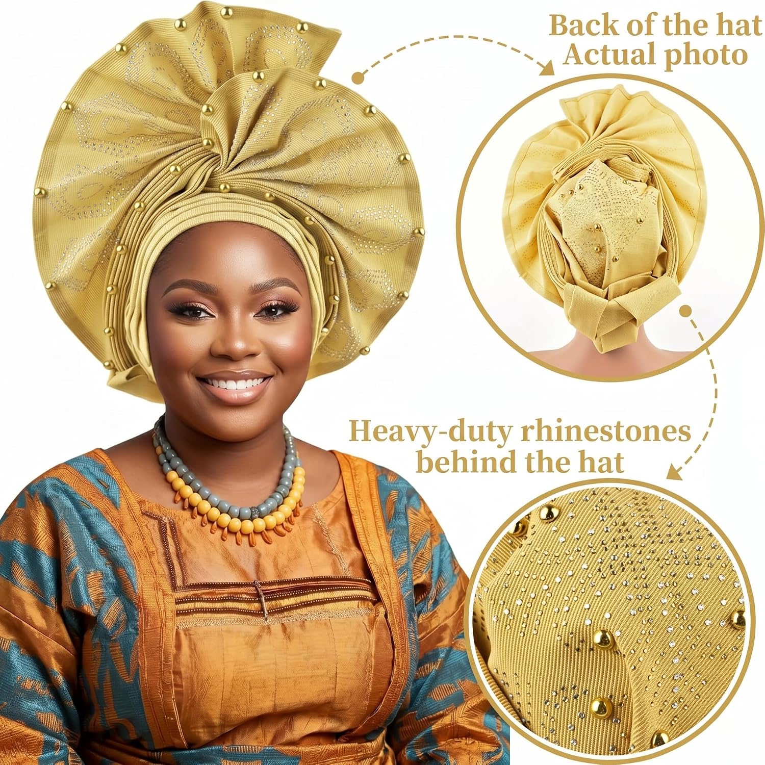 African Gele Head Wrap for Women, Nigerian Headpiece, Pre-Tied with Velcro, Beaded Turban Hat