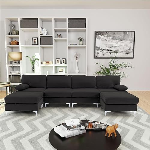 Casa AndreaMilano Sofá modular moderno en forma de U de tela de terciopelo grande diván doble extra ancho color negro carbón