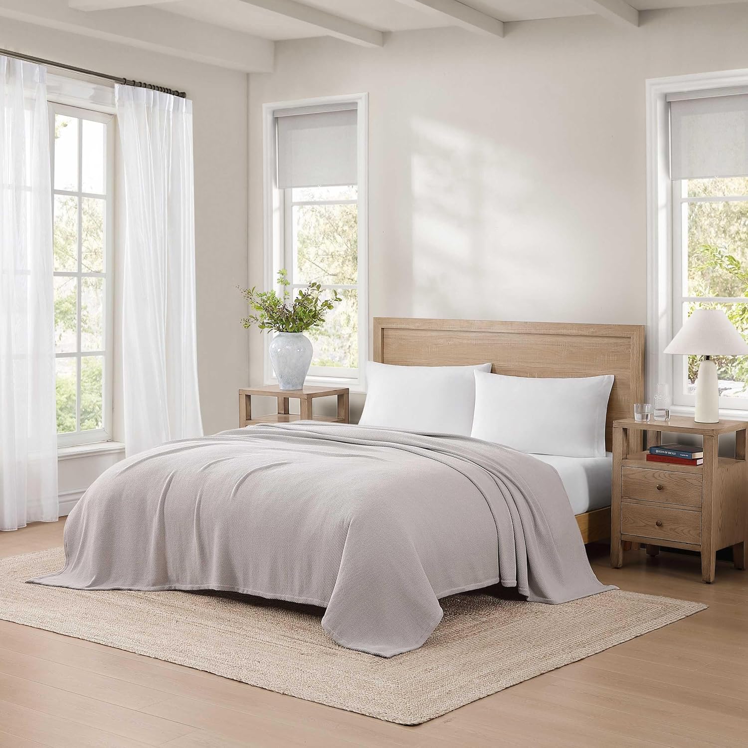 Tommy Hilfiger - Twin Cotton Blanket, Textured Pique Weave Bedding, Medium Weight Soft Blanket, Anti-Pilling & Fade Resistant, Ideal for Layering, Oeko-TEX Certified (Grey)