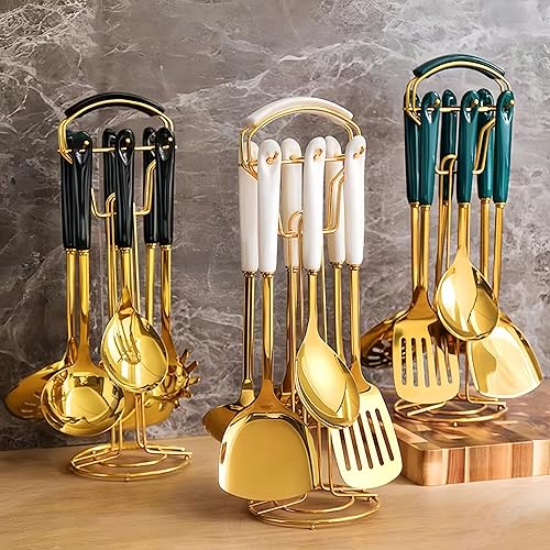 Miniatura 5 de Utensilios de cocina dorados, juego de utensilios de cocina dorados de 7 piezas, juego de herramientas de cocina con soporte para utensilios,