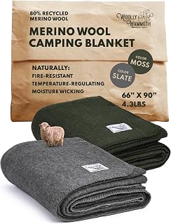 Woolly Mammoth 80% Merino Wool Camp Blankets (2-Pack) - Soft, Naturally Fire-Resistant and Temperature-Regulating - for Winter Camping, Bushcraft and Emergency Car Kits (66" x 90", Slate & Moss)