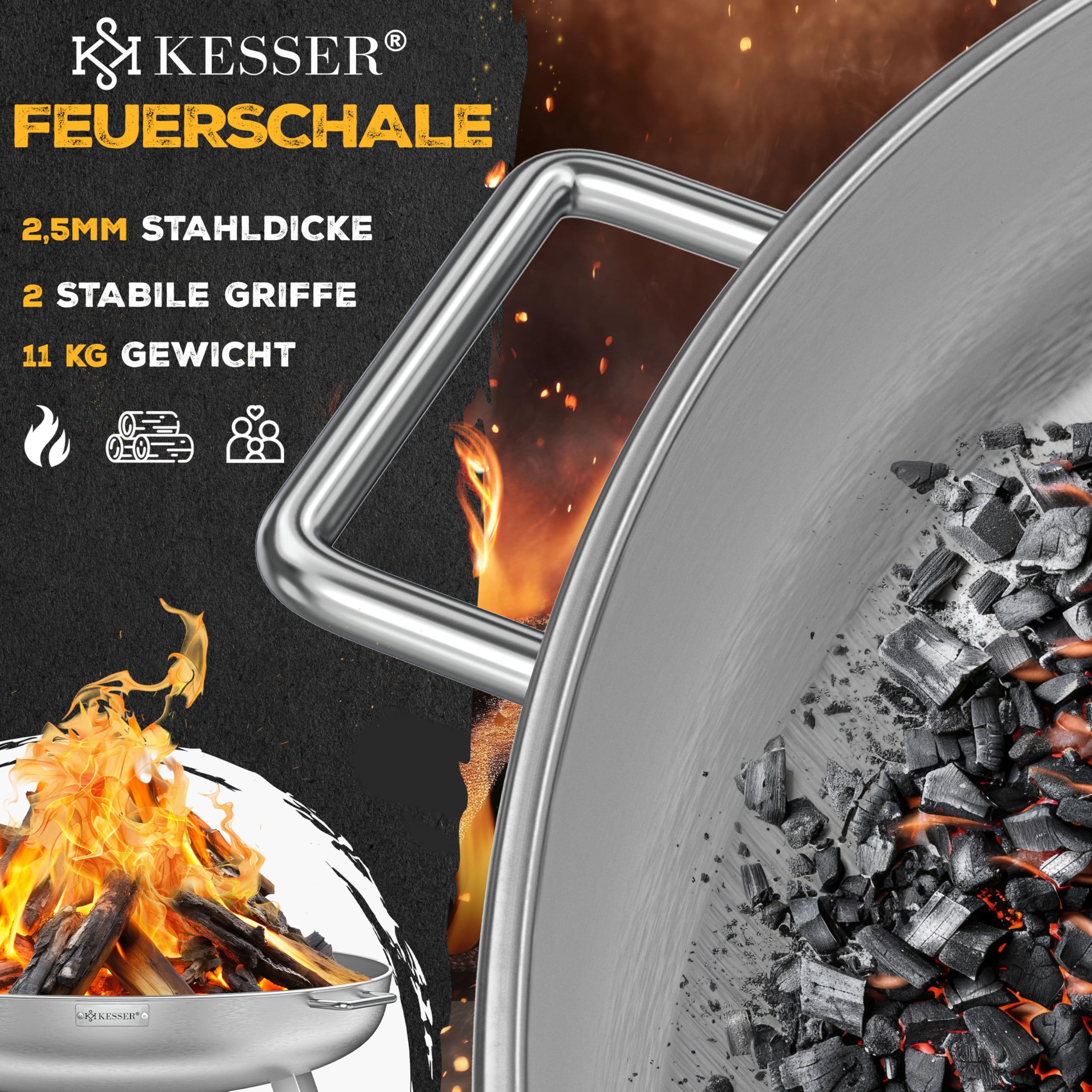 KESSER Feuerschale 2,5mm Stahldicke Ø80cm legierter Stahl Feuerkorb mit Feuerhaken Gusseisen für Garten Terrasse