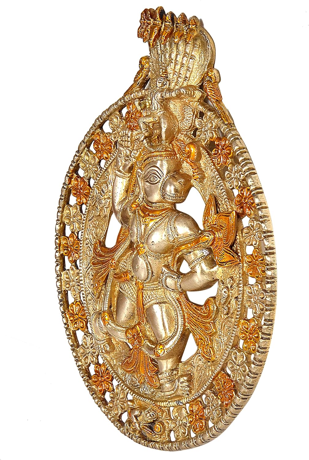 AONA Brass Lord Hanuman Carrying Lotus Flower and Krishna on The Top (Wall Hanging) , Height : 12 inch