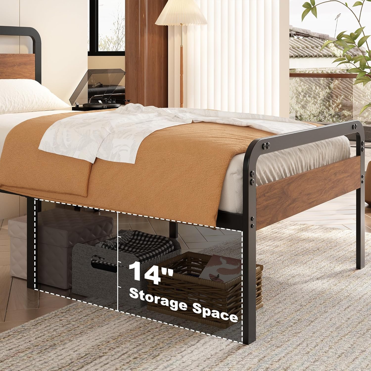 EMODA 16 Inch Twin Size Bed Frames with Wooden Headboard and Footboard, Heavy Duty Metal Slats Support Mattress Foundation, No Box Spring Needed, Easy Assembly - Image 4