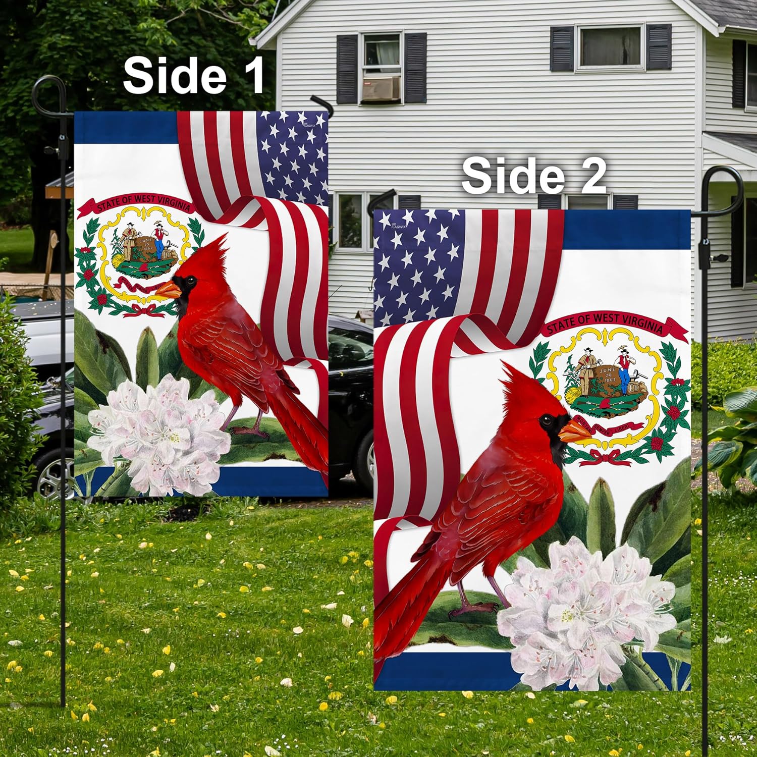FLAGWIX American Flag - West Virginia Cardinal and Rhododendron Flower Flag MLN1141Fv3, Garden Flag (11.5" x 17.5") - USA Flags Premium Polyester - Decorative Indoor Outdoor Flag
