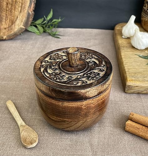 Miniatura 5 de Bodega rústica de sal con tapa tallada a mano y cuchara, cuencos de madera para salar, conservador de sal de madera, cuencos de especias para