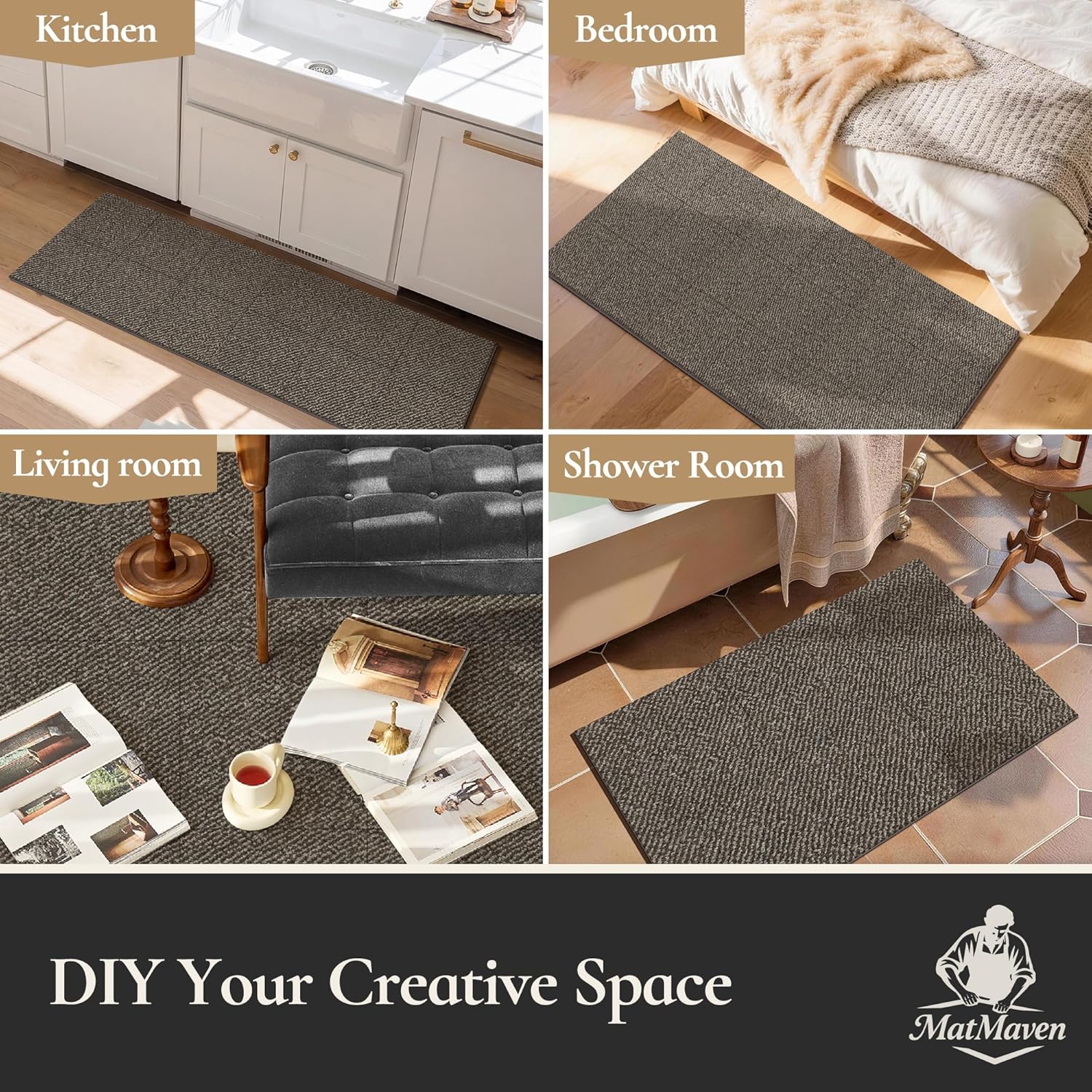 Area Rugs for Kitchen,Living Room,6 Pieces 12"x12" Super Absorbent and DIY Square Carpet,Non Slip Machine Washable Rug,Soft Indoor Floor Carpet for Bedroom,Office,Sink,Laundry,Taupe