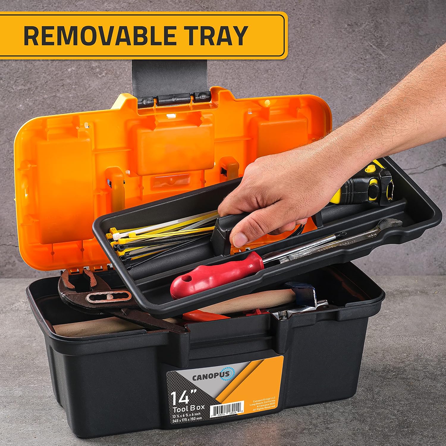 CANOPUS Plastic Toolbox, 14-inch Portable Tool Box, Tool Organizer with Extra Storage Tray for Home Tools, Nails and Pins, Black-Orange