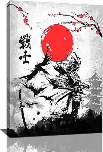 banonaty Arte de pared japonés Samurai con diseño de cerezo en flor, impresiones en lienzo de guerrero, póster enmarcado, pinturas artísticas,