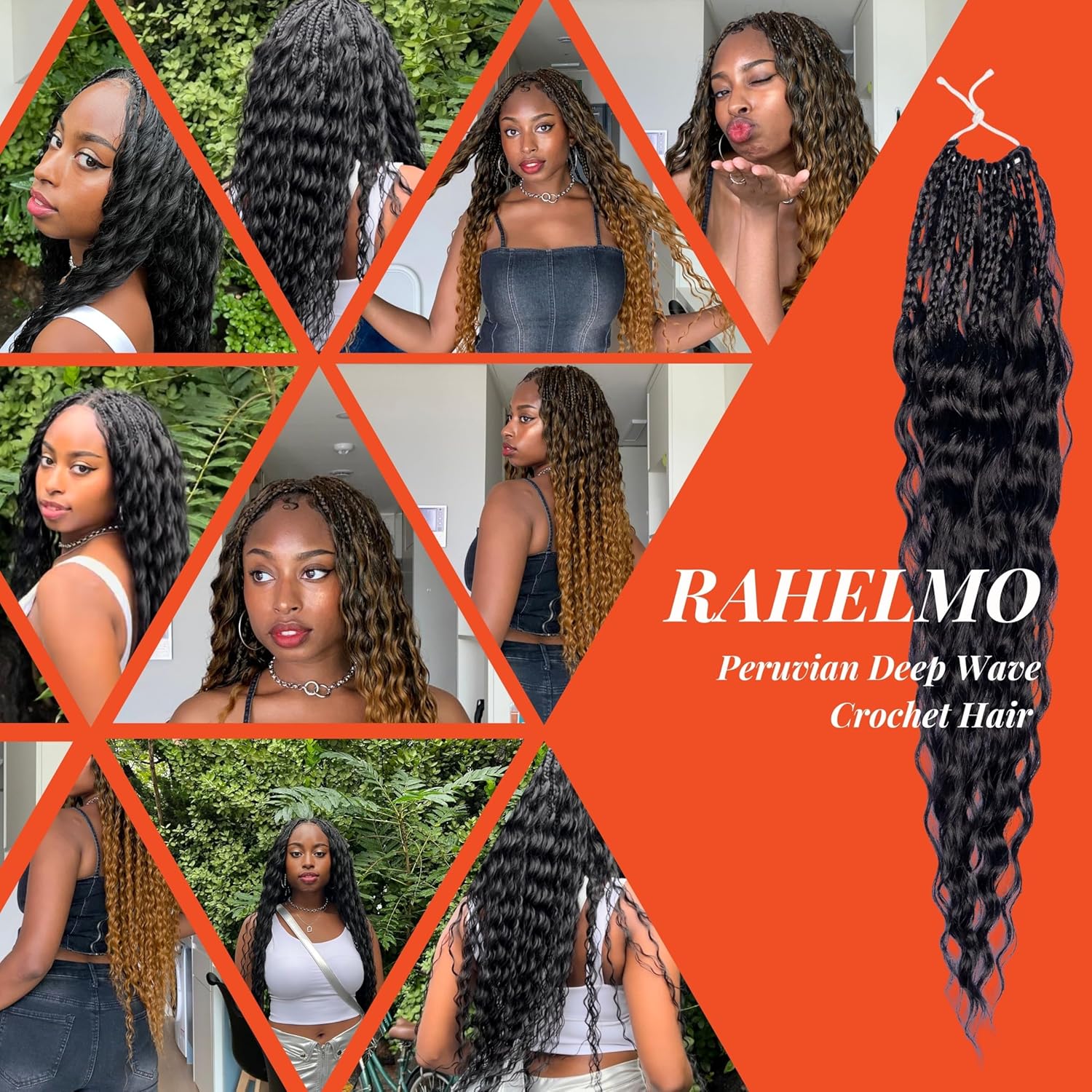 Peruvian Deep Wave Crochet Hair 20” - Deep Wave Crochet Braiding Hair Extensions - Curly Wave Hair Extension for Black Women and Girls - 8 Pk of 13 Strands/Pc (#1B Off Black)