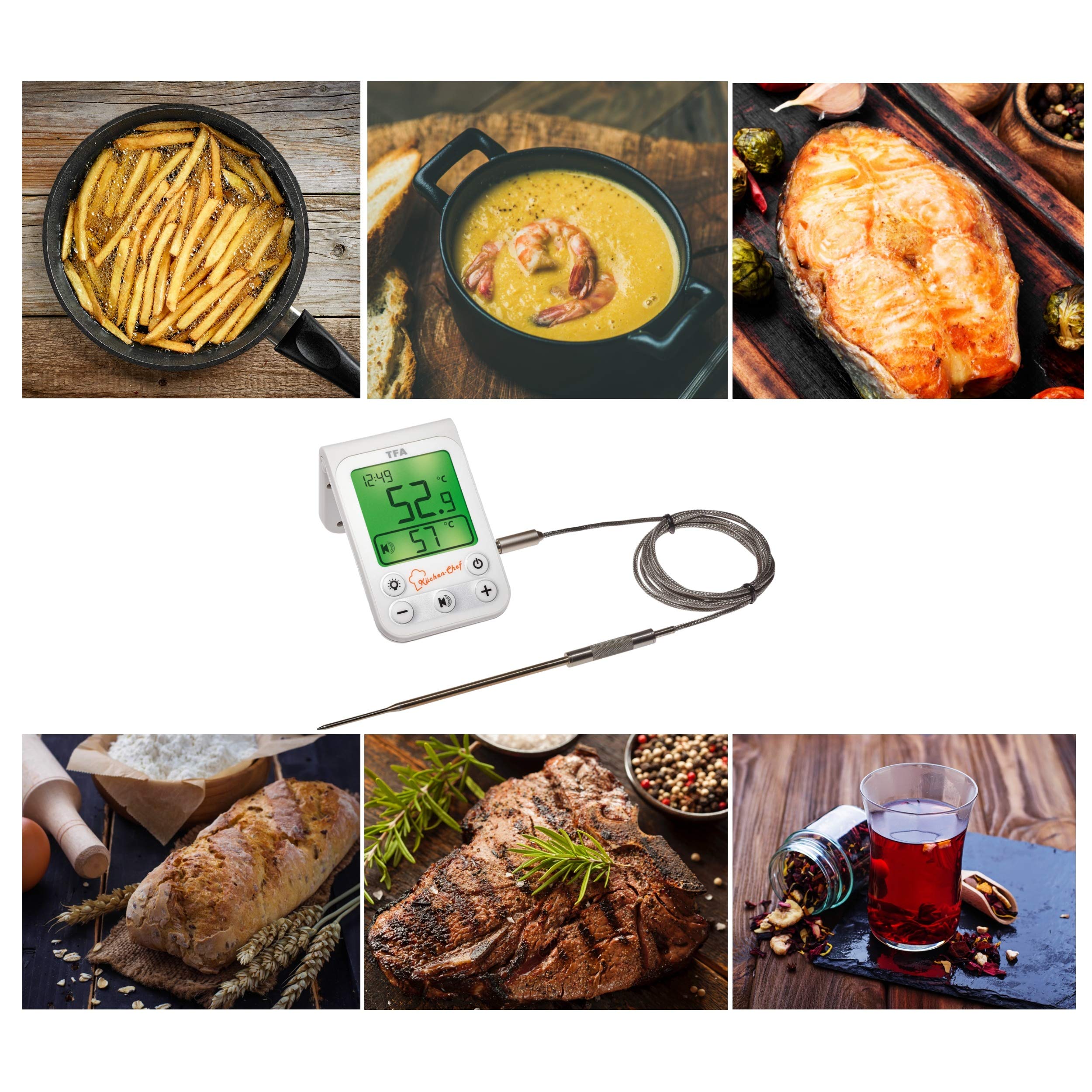 TFA Dostmann Küchen-Chef cyfrowy termometr do pieczeni grillowej z podświetleniem, plastikowy, biały,