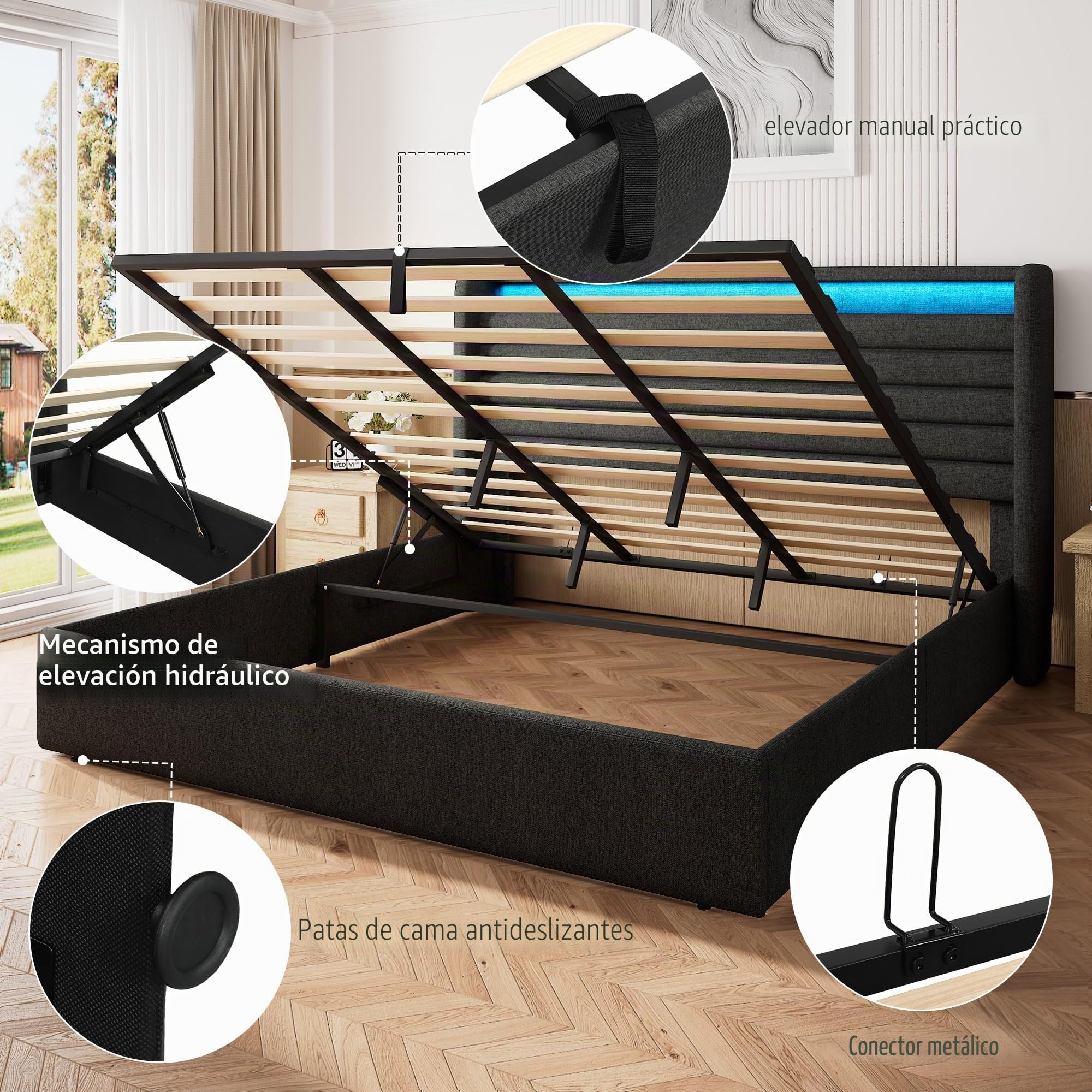 FEONASE Cama 160x200 cm con Almacenamiento, Tapizada, LED y Carga, Cabecero Hidráulico de Lino