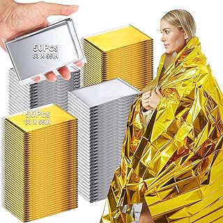Copkim 100 Pack Emergency Foil Thermal Blanket Bulk 83 x 55' Waterproof Space Blanket First Aid Survival Blanket for Outdoors, Camping, Hiking, Homeless, First Aid, 50 Pc Silver 50 Pc Gold Silver