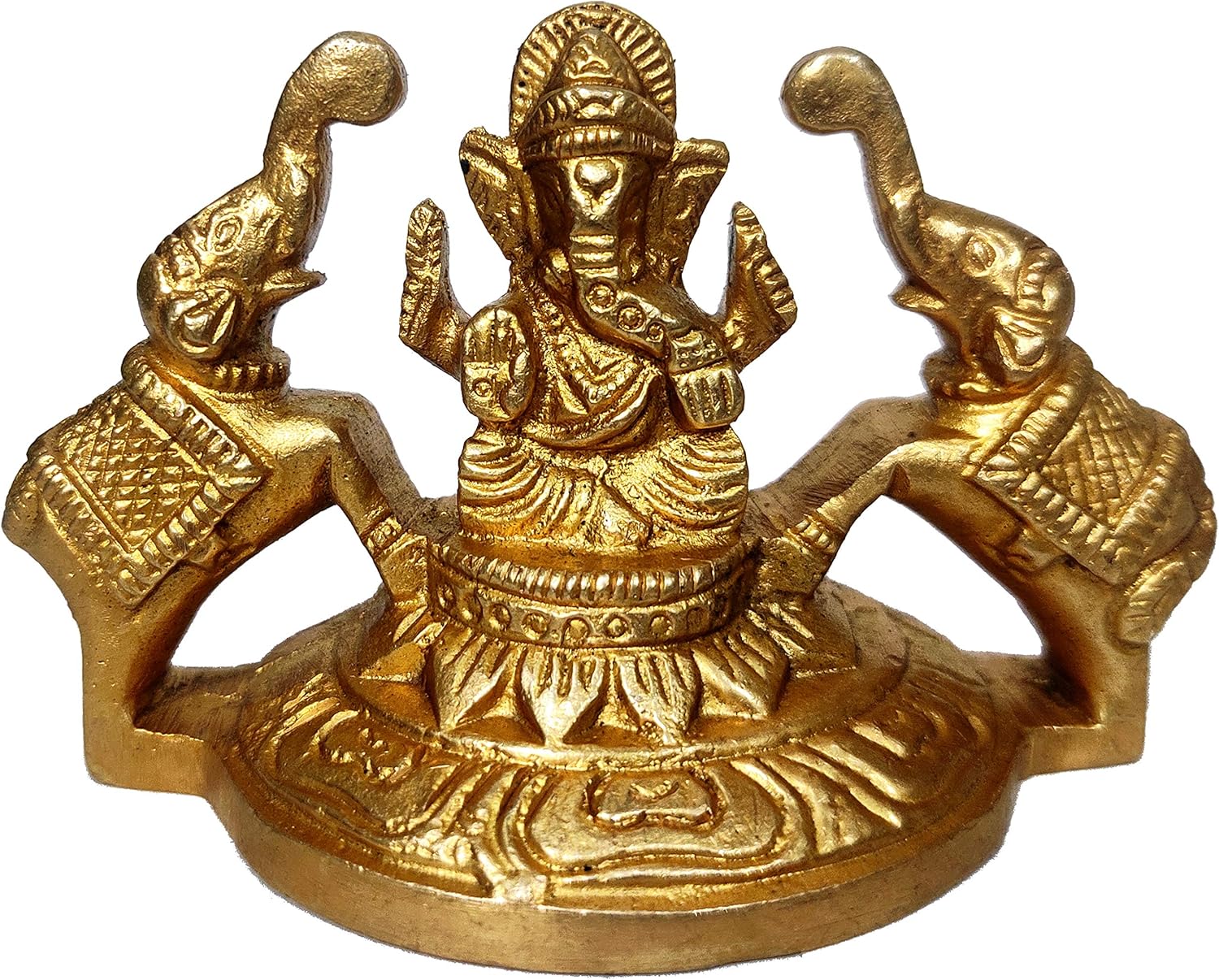 Purpledip Pure Solid Brass Statue Gaja Ganesha: Collectible Decor Statue Ganapathi with Elephants (12243)
