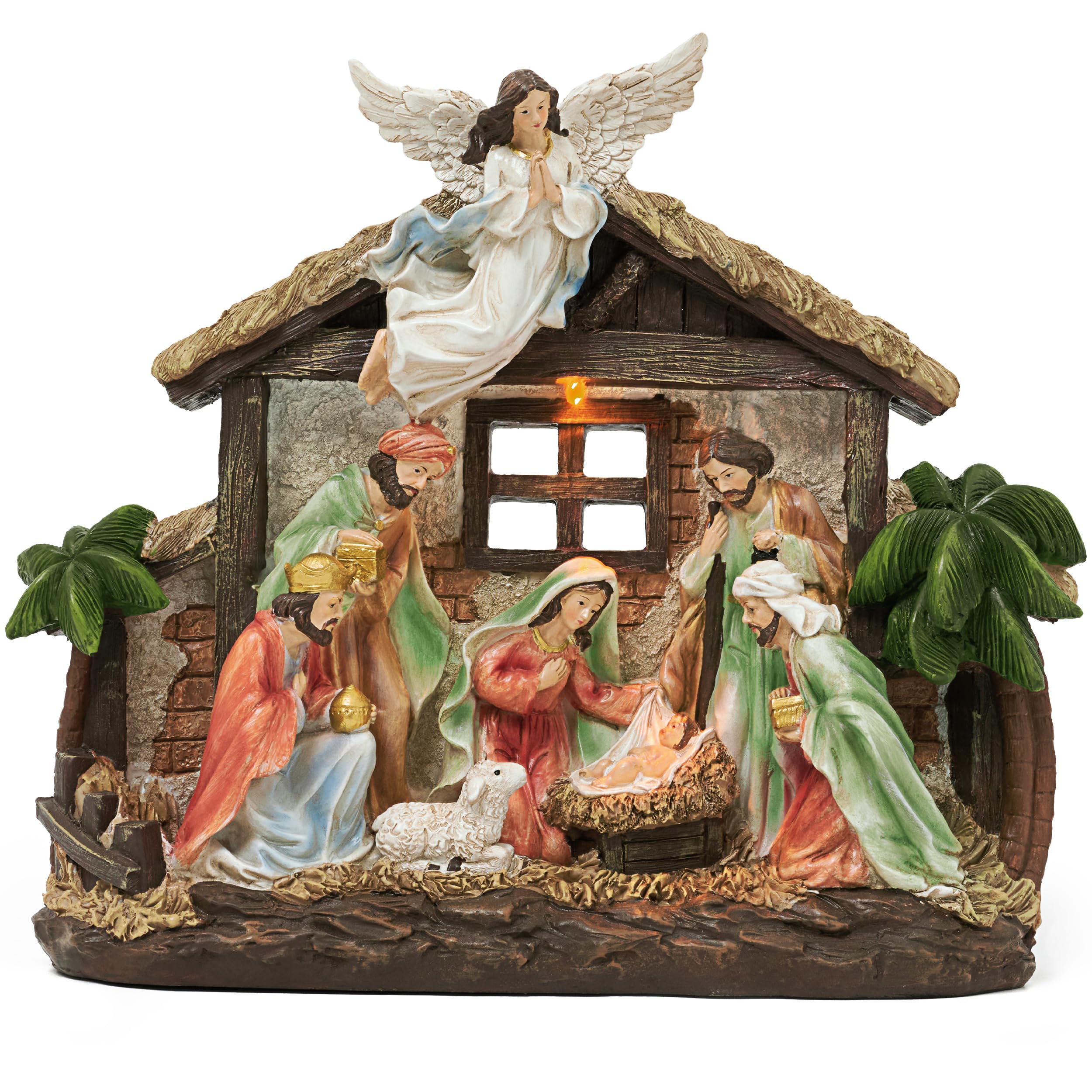 Valery Madelyn Figurines de crèche de Noël avec lumières LED - Grande crèche de Noël - Rouge, vert et blanc - Mangeoire en résine pour Noël, intérieur, maison, table, cheminée, décorations de