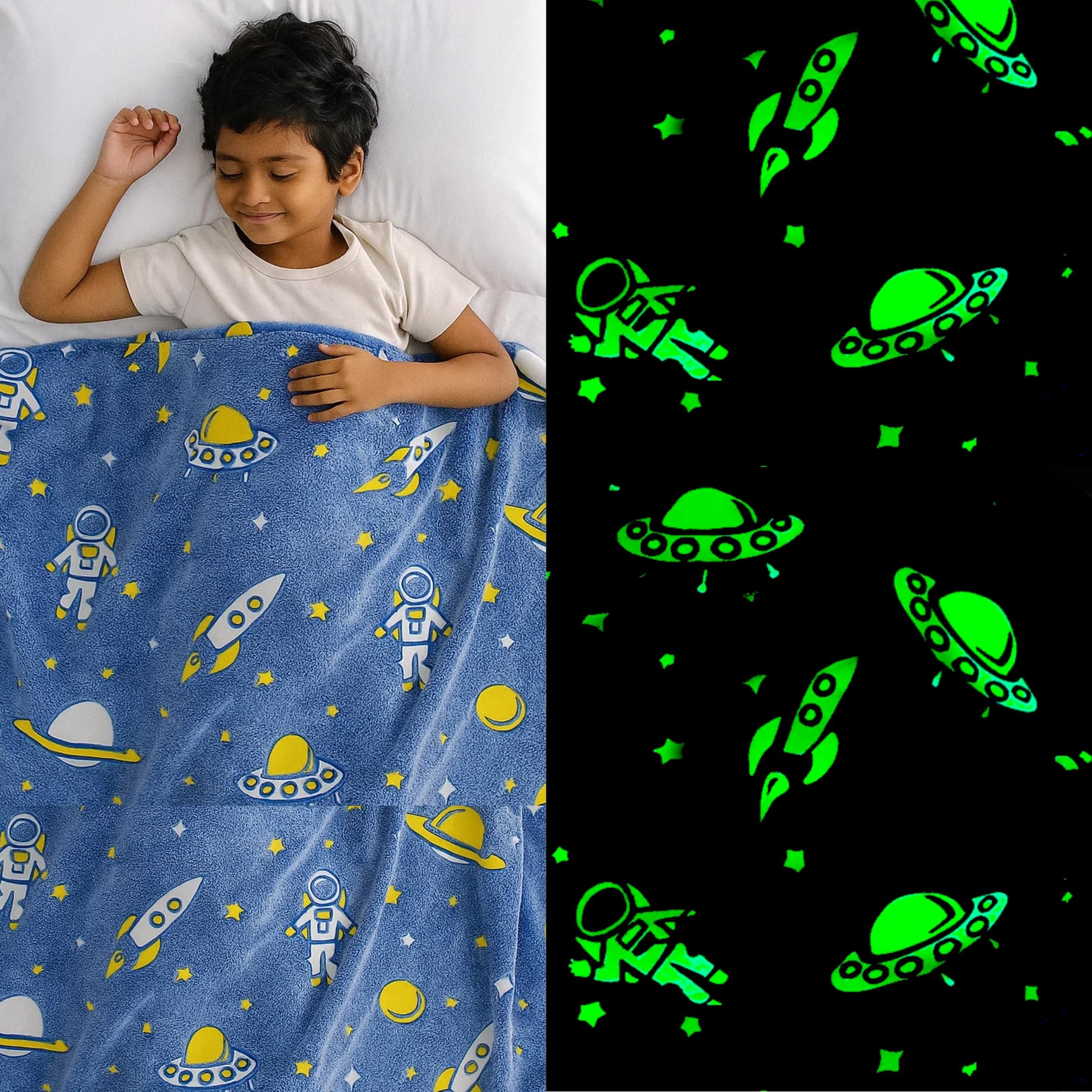 Famyo® Glow Blanket for Kids – Astronaut | Kids Blanket 0–15 Yrs | 200×152 cm Double Bed Blanket | Soft Flannel Blankets for Winter | Lab-Tested & Safe, (Grey)
