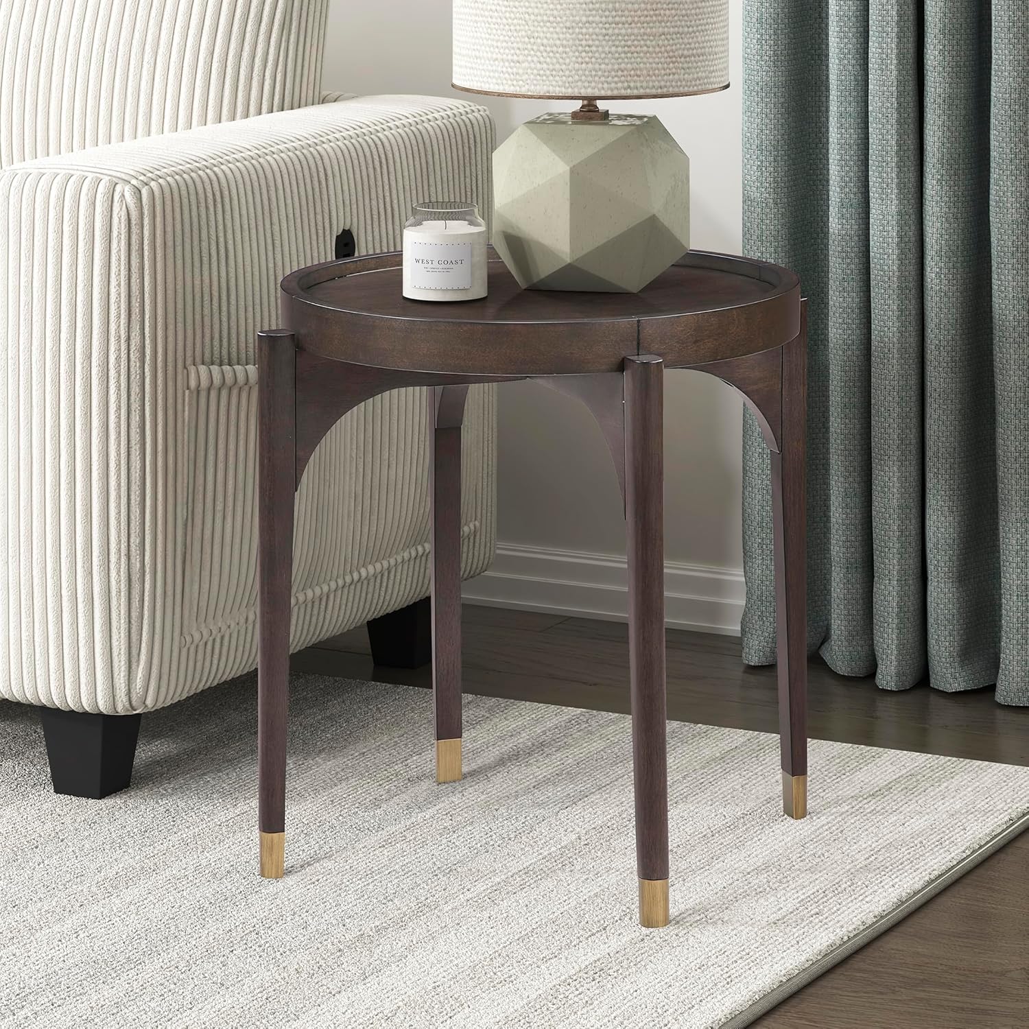 Lexicon Round Wood End Table with Gold Metal Cap, 36" Dia. Mid Century Modern Round Birch Wood Veneer Sofa Side Table for Contemporary Living Room, Easy Assembly, Dark Brown