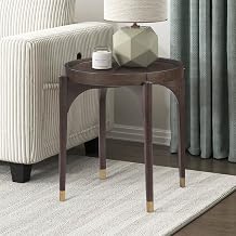 Lexicon Wood Round End Table with Gold Metal Cap, 36" Dia. Mid Century Modern Round Birch Wood Veneer Sofa Side Table for Contemporary Living Room, Easy Assembly, Dark Brown