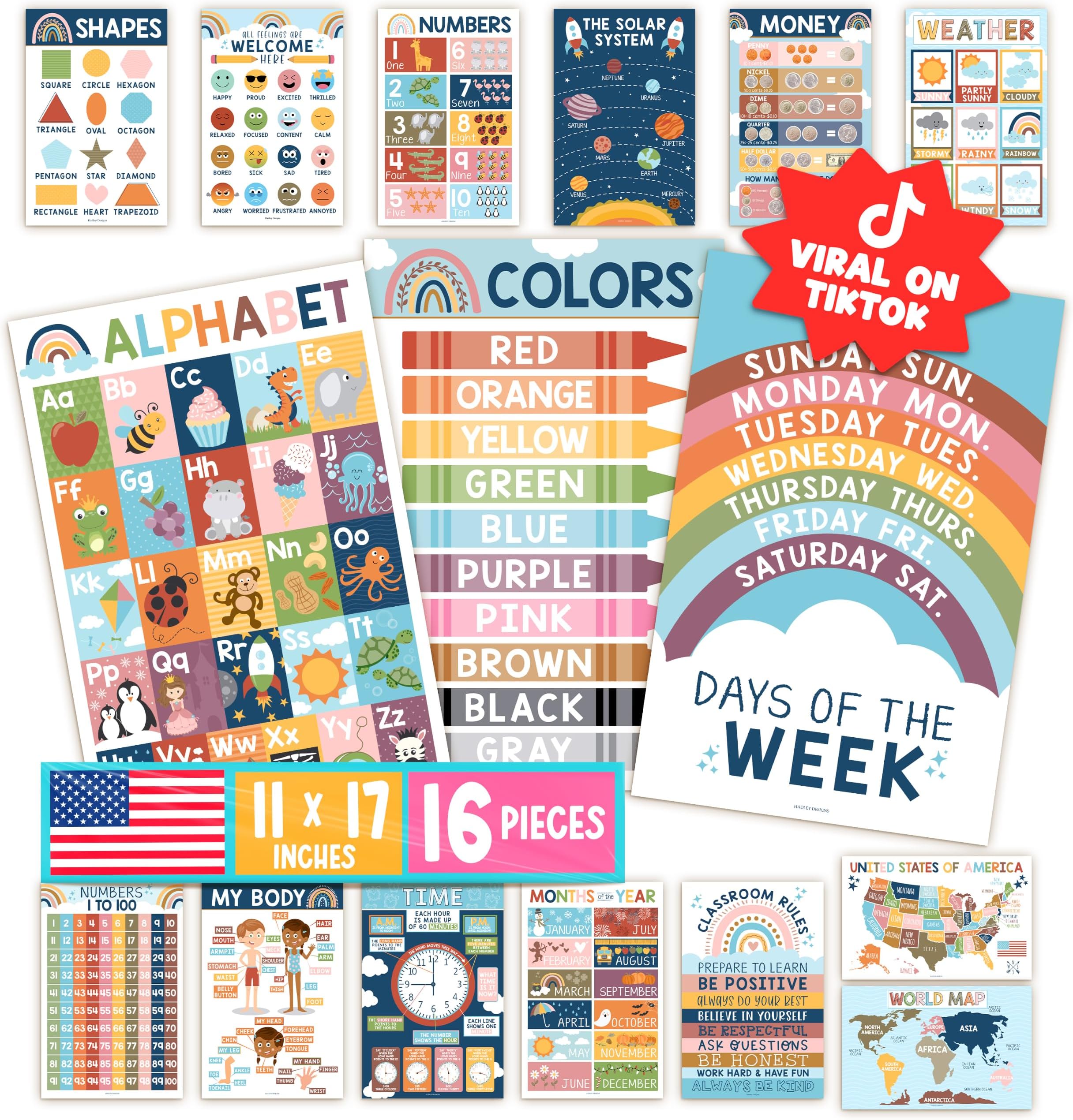 Hadley Designs Learning Posters for Toddlers 1-3 Preschool Classroom Decor