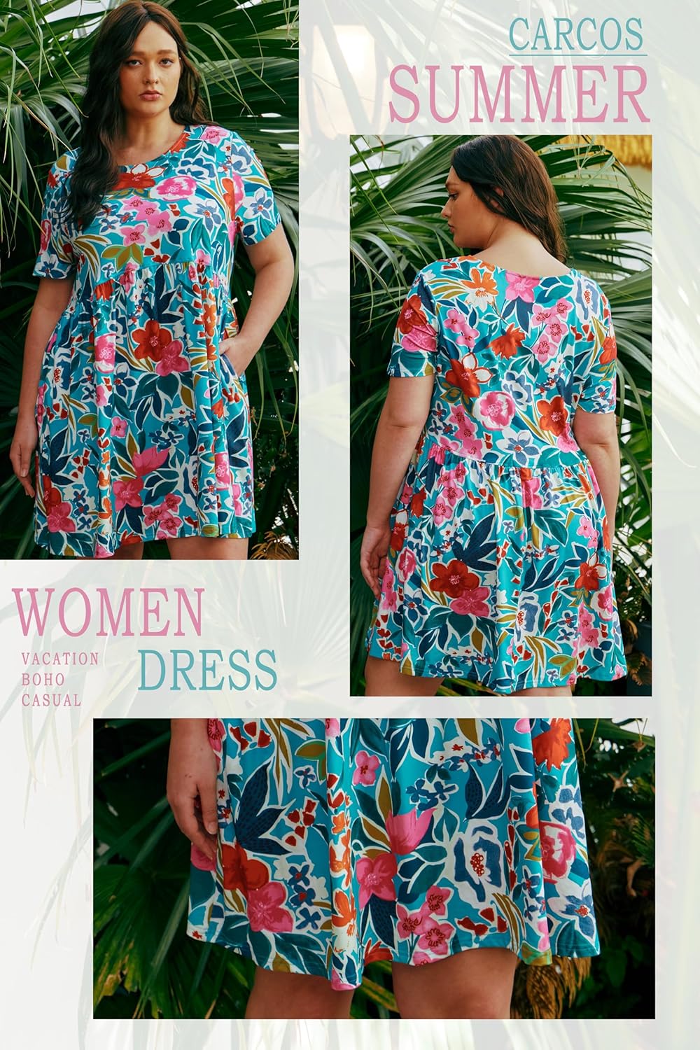 CARCOS Womens Plus Size Dresses Summer Short Sleeve Babydoll Dress Beach Casual Loose Mini Sundresses with Pocket XL-5XL - Image 4