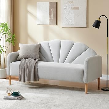 64.3" W 3-Seater Sofa for Living Room, Mid Century Modern Linen | Seashell-shaped Backrest, Wooden Legs, Small Couch for Small Spaces & Bedroom, Office,Easy Assembly, Gray Off-White