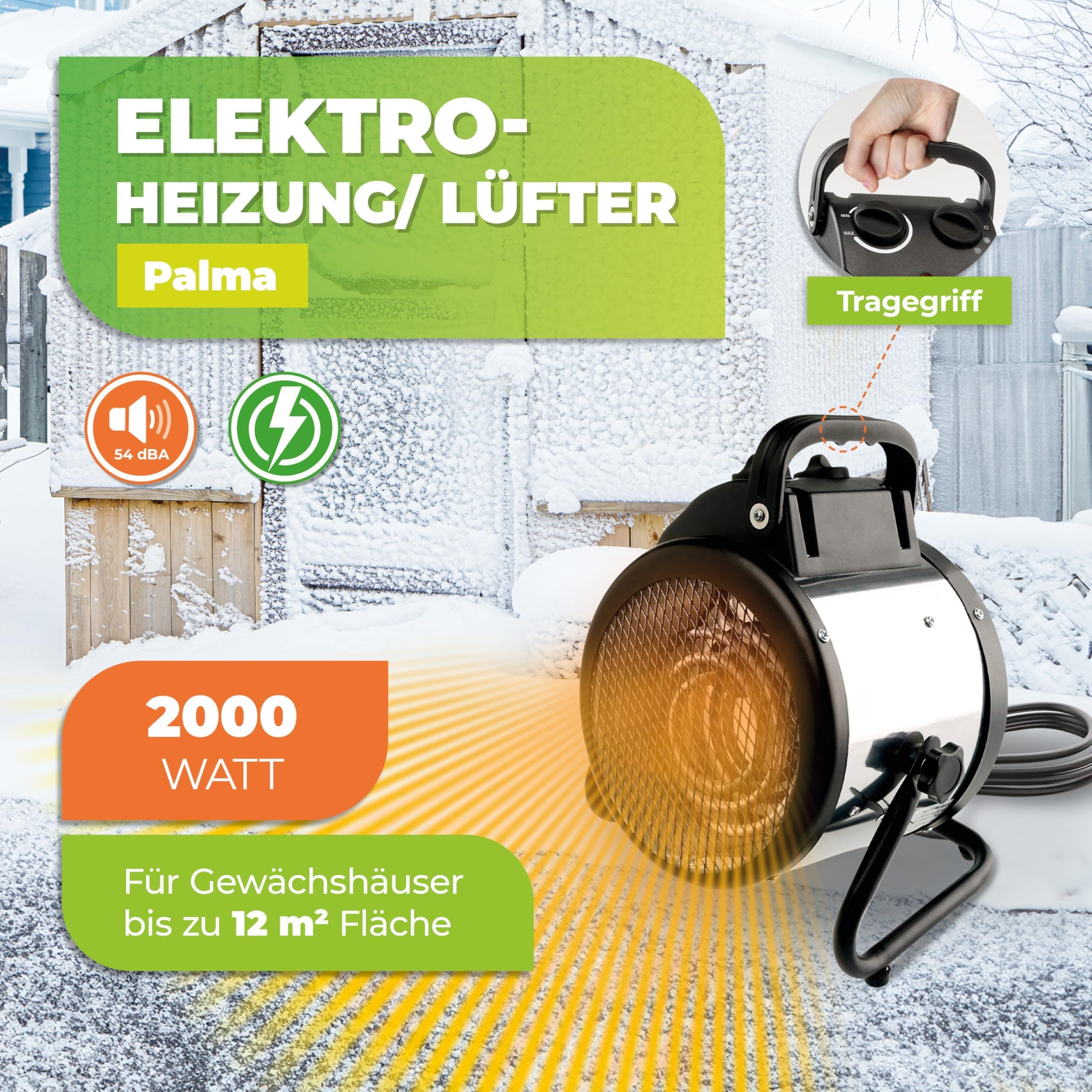 BioGreen Elektro-Gewächshausheizung Palma mit manuellem Thermostat | IPX4 spritzwassergeschützt, energiesparend | 163 m³/h Luftumwälzung | 2000 Watt