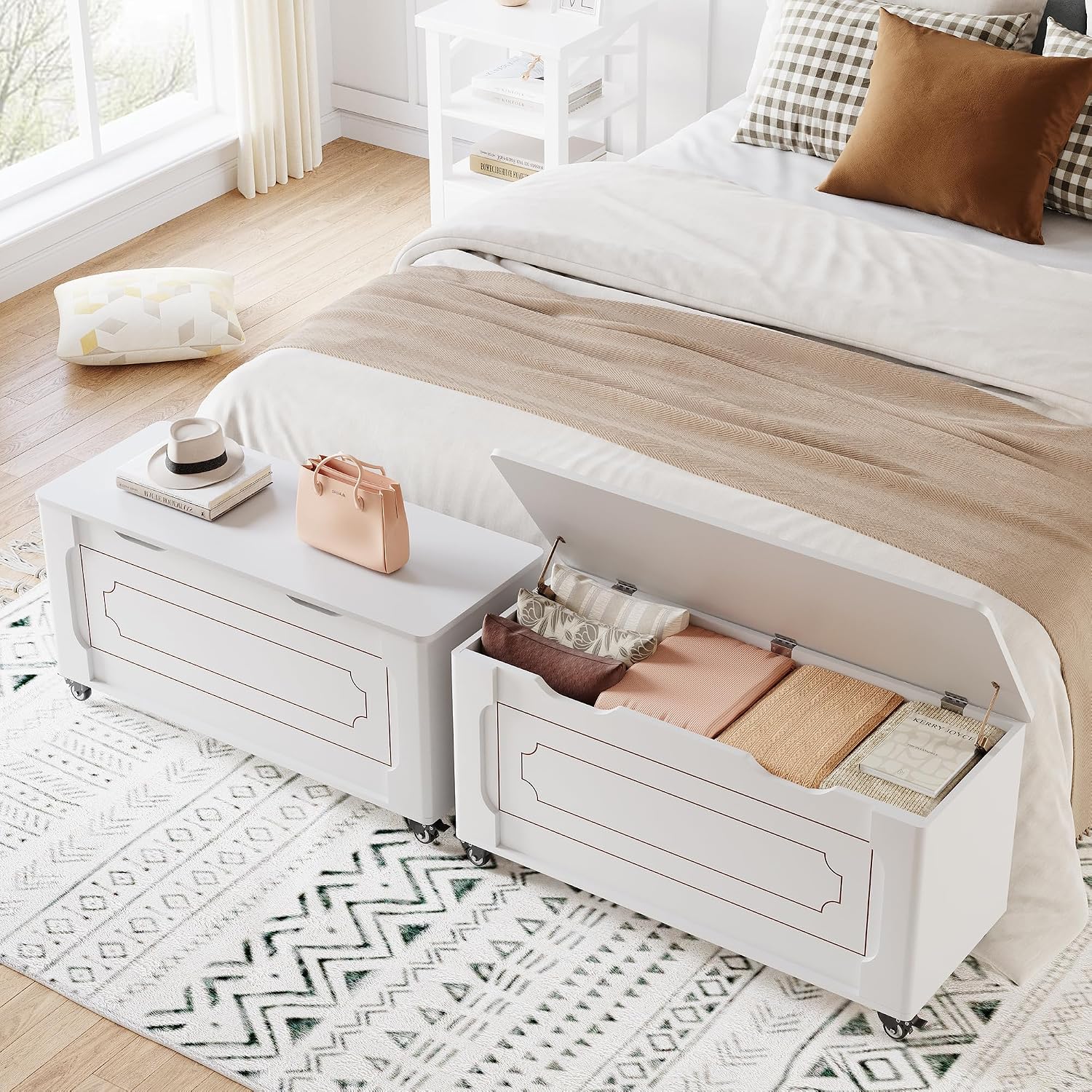 IDEALHOUSE Storage Chest, Wooden Storage Bench with 4 Wheels, 39.4" Storage Trunk with 2 Safety Hinges, Supports 350 Lbs, Round Corner, U-Shape Cutout, for Entryway, Living Room, White