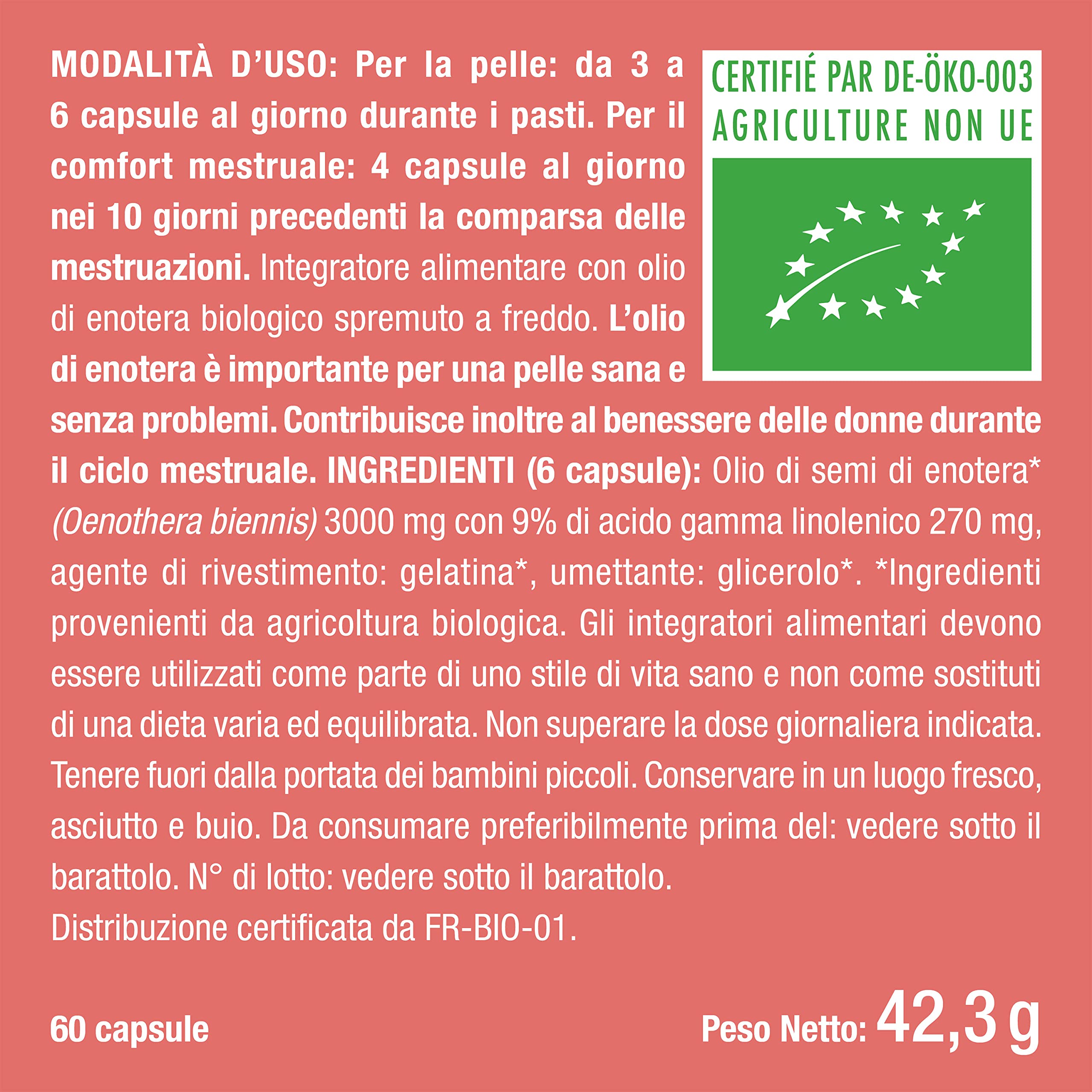 Olio di Enotera BIO | 3000 mg di cui 270 mg di GLA | Spremuto a freddo | 100% naturale | Comfort premestruale e bellezza della pelle | Qualità premium | 60 capsule