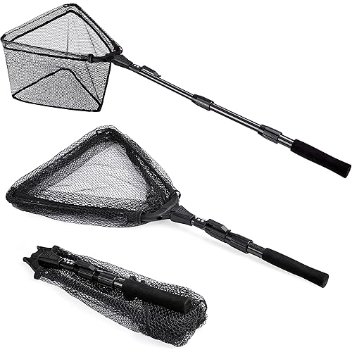 PLUSINNO Fishing Net Fish Landing Net, Foldable Collapsible Telescopic Pole Handle, Durable Nylon Material Mesh, Safe Fish Catching or Releasing