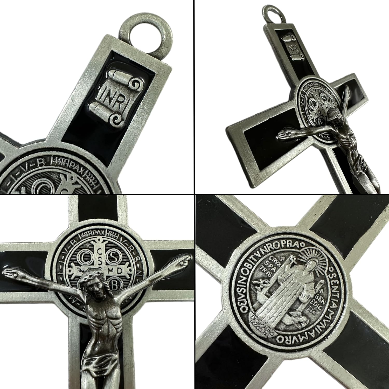 BONITTER Antique Silver Crucifix Wall Cross-St. Benedict Metal Wall Art-5.0 InchX2.7 Inch Black White Brown Enamel Give Blessing and The Spiritual Sacred:Faith Gift for your Acquaintances (Black)