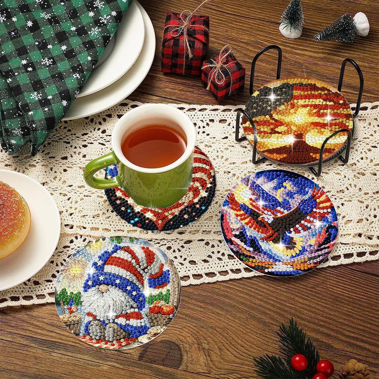 Independence Day Diamond Art Coasters Kit for Adults - 8 PCS US 4th of July Diamond Painting Coasters with Holder for Beginners, Gem Art Crafts DIY Coaster Set as Gift Home Decor