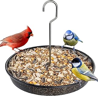 iBorn Hanging Bird Feeder Tray, Metal Mesh Bird Feeder Bowl with Thick Metal Hanger, Sturdy & Durable Bird Feeders for Outdoors, Easy to Refill & Clean, Pack of 1, Black