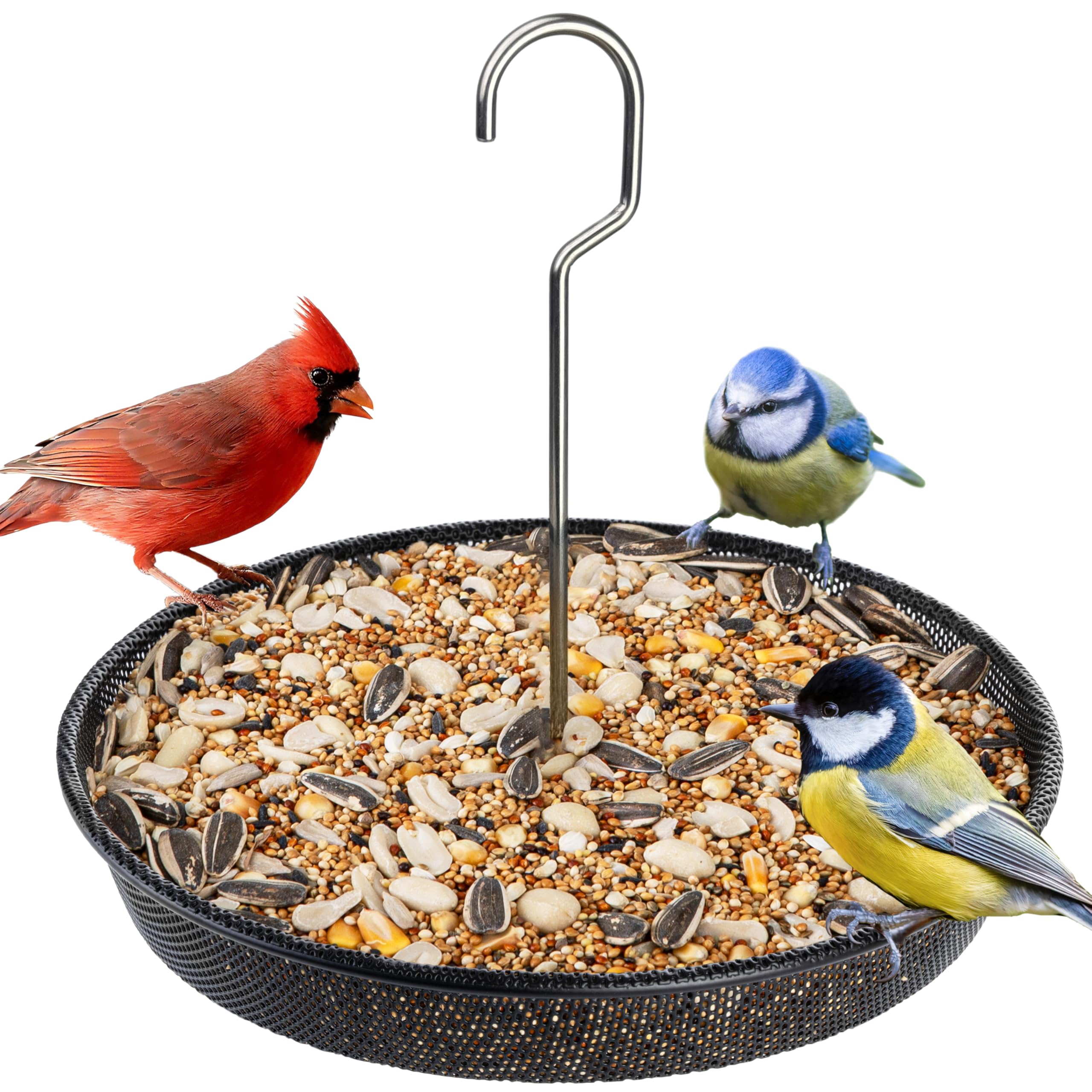 iBorn Hanging Bird Feeder Tray, Metal Mesh Bird Feeder Bowl with Thick Metal Hanger, Sturdy & Durable for Outdoor Hanging, Easy to Refill & Clean, Pack of 1, Black