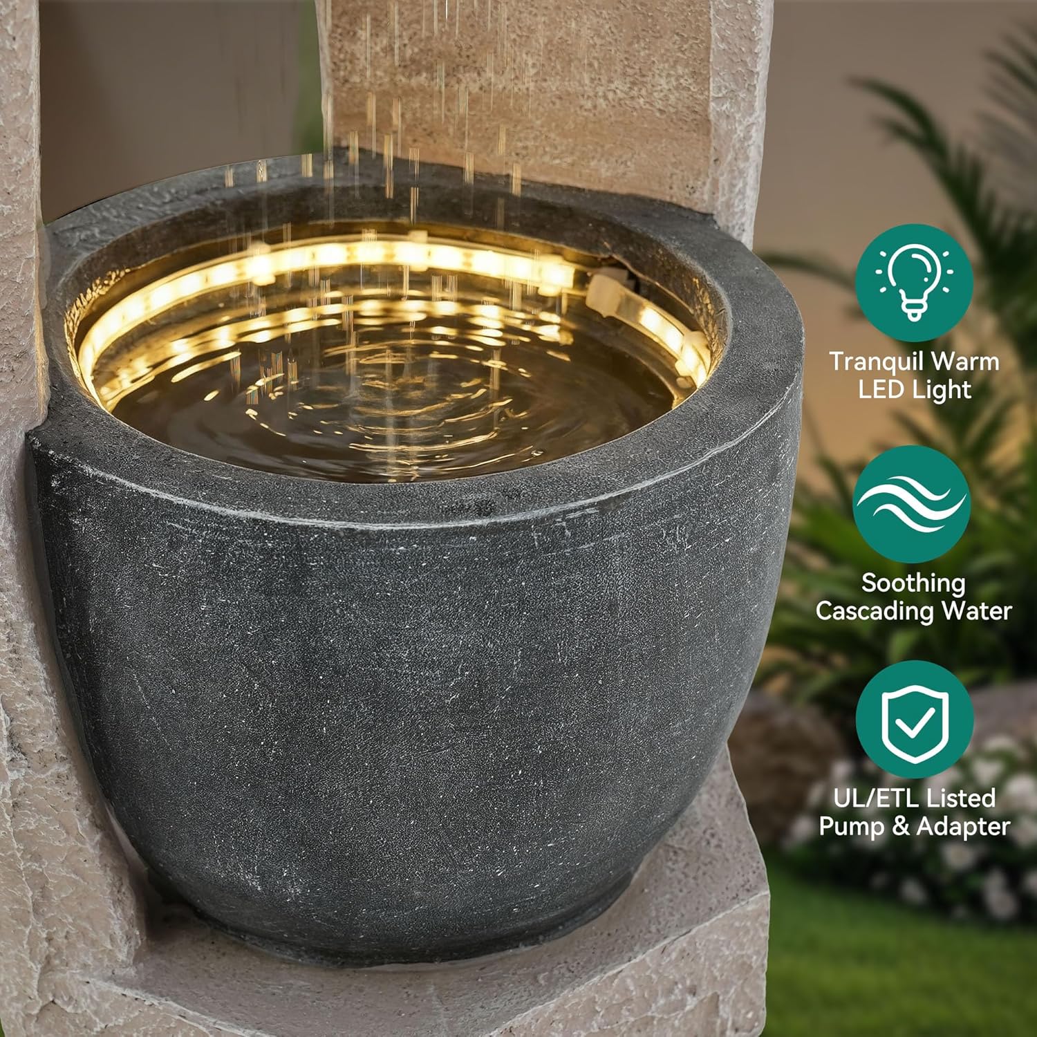 32" Outdoor Fountain, Modern Geometric Two Bowls Water Feature with LED Lights, Resin Soothing Cascading Waterfall for Patio, Backyard, Garden or Porch