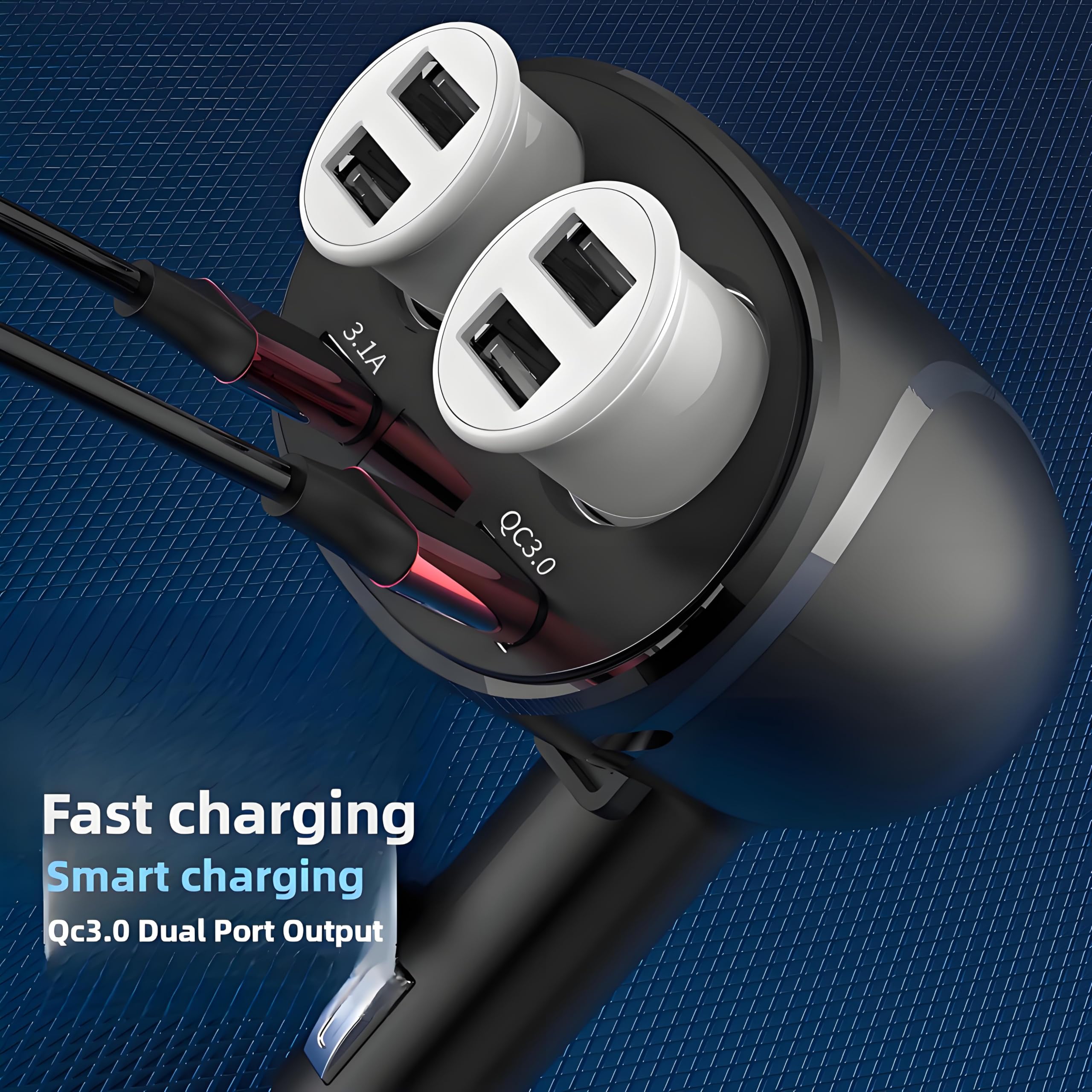 MESA'S LIVE Cargador de coche dual USB QC3.0 | Plegable giratorio de 180° | Pantalla digital | Carga rápida para todos los dispositivos