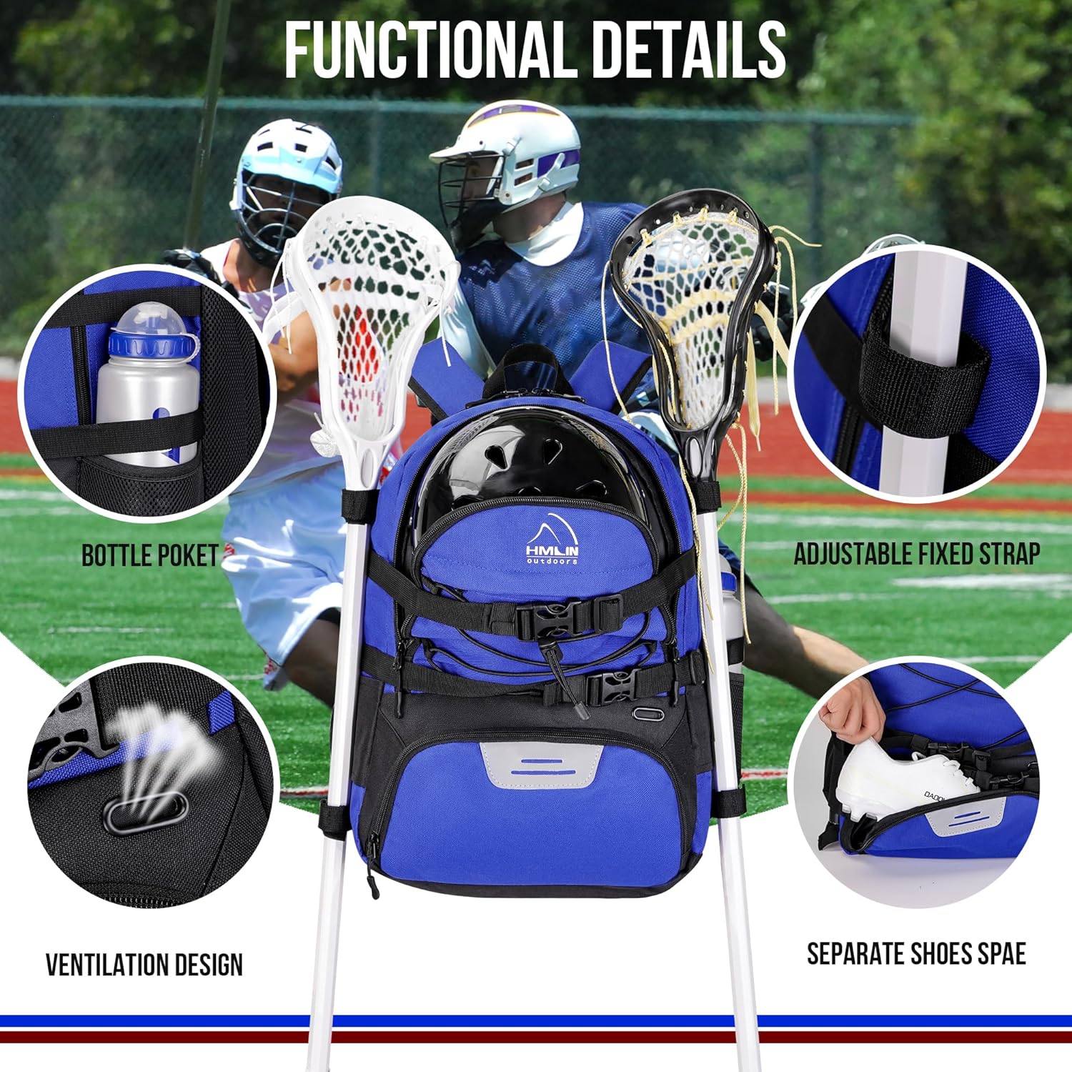 Lacrosse Bag with Two Sticks Holder,field hockey bag Separate Shoe Space with External Buckle Straps to Fix Helmet and Other Lacrosse or Field Hockey Equipment