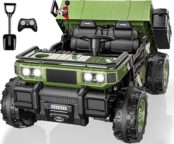 24V 2 Seater Ride On Dump Truck with Electric Dump Bed, Shovel, Toolbox, 4x100W Powerful Motors, Max 4.5Mph, Parent Remote, All-Terrain Tires, Ride on Car for Kids Ages 3-8, 132Lbs Load, Green