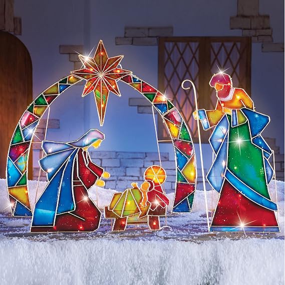 Collections Etc Lighted Outdoor Mosaic Nativity Christmas Scene - 3pc