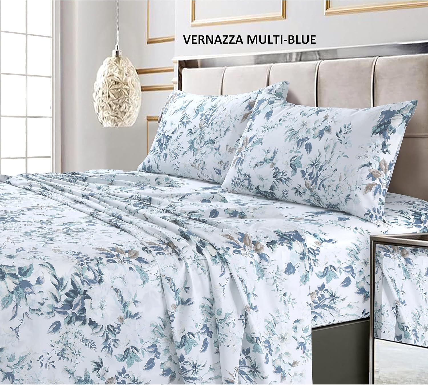 Tribeca Living Cotton Sateen Pillowcases King, Set of 2 Bed Pillow Covers, Floral Print, 300 Thread Count, Luxury Bedding, Lisbon Blue