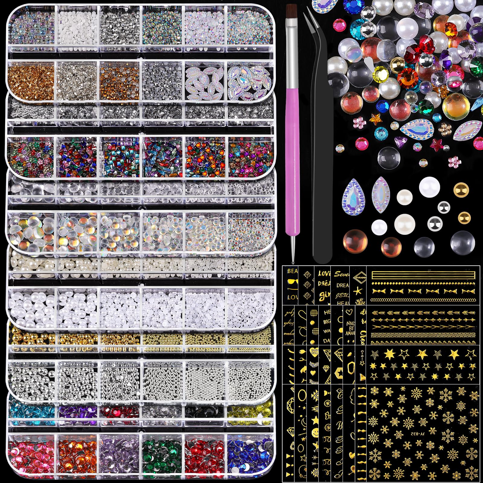 Nail Charms and Gems Set, 6 Boxes Mixed Color Rhinestones Clear Gold Silver Bead Decorations White Beige Pearls for Crafting, 30 Sheets Gold Stickers for Nails with Tweezers for Women Nail Art DIY 6 Kits-B