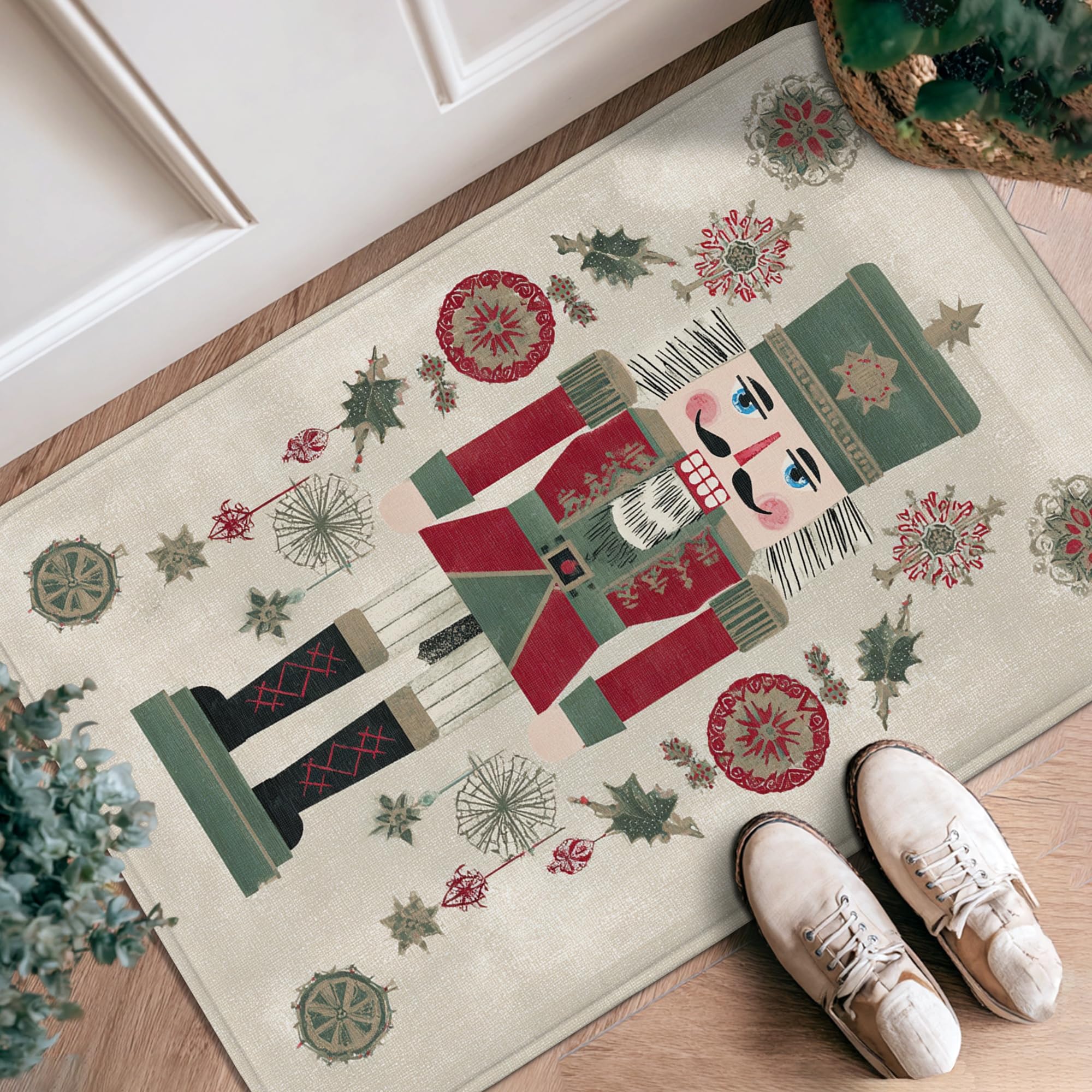 Nutcracker Runner Rug, Christmas Festive Holly Snowflake Christmas Red Non-Slip Edge Binding Doormat Throw Rug Rectangle for Kitchen Entryway Bedside Laundry Decor 2x3 Ft