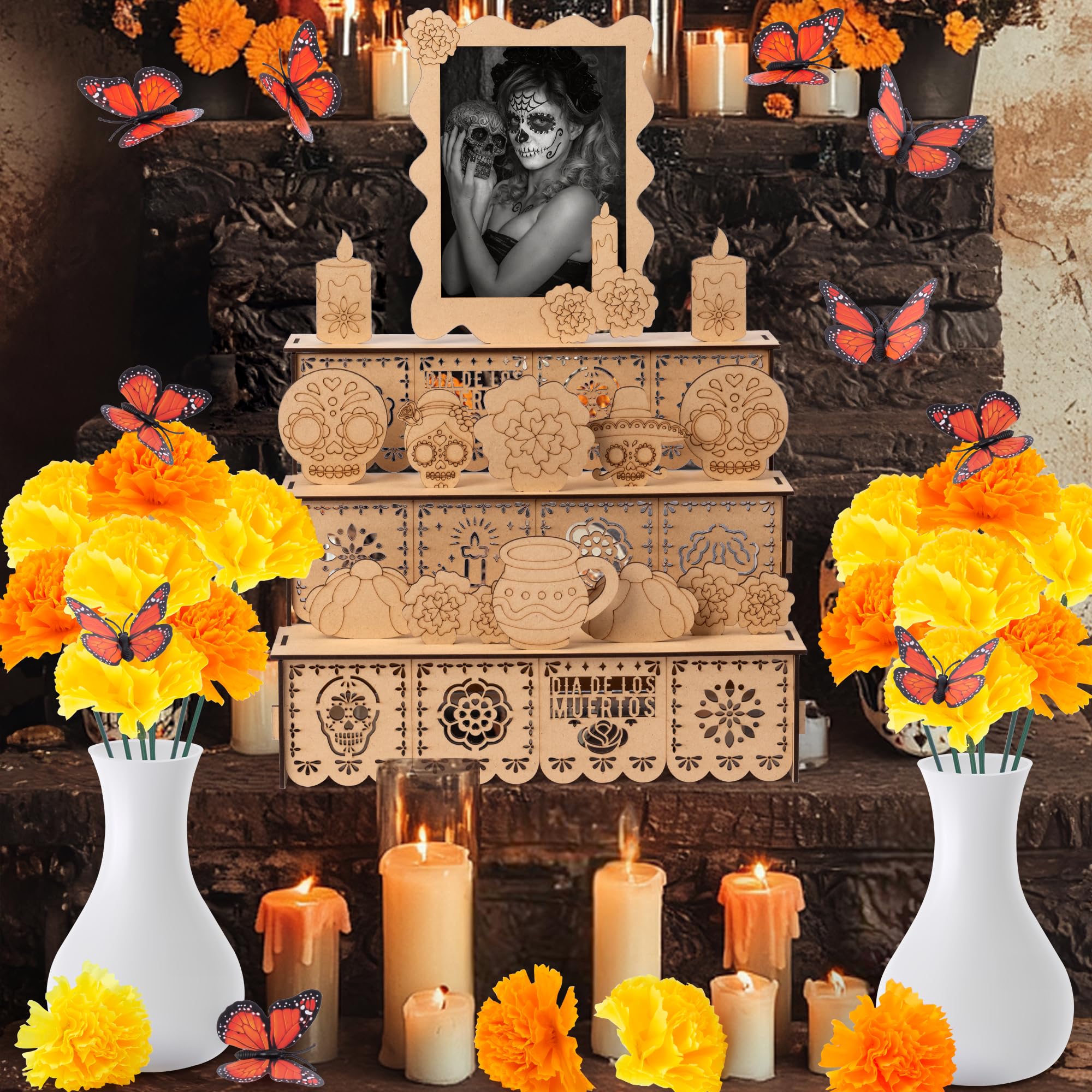 COcnny Ołtarz Day of The Dead Ofrenda – 37 szt. drewnianych ramek na zdjęcia zestaw ramek na zdjęcia do dekoracji ołtarza Dia De Los Muertos, nagietka, kwiat, motyl, dekoracja stołu, dekoracja na