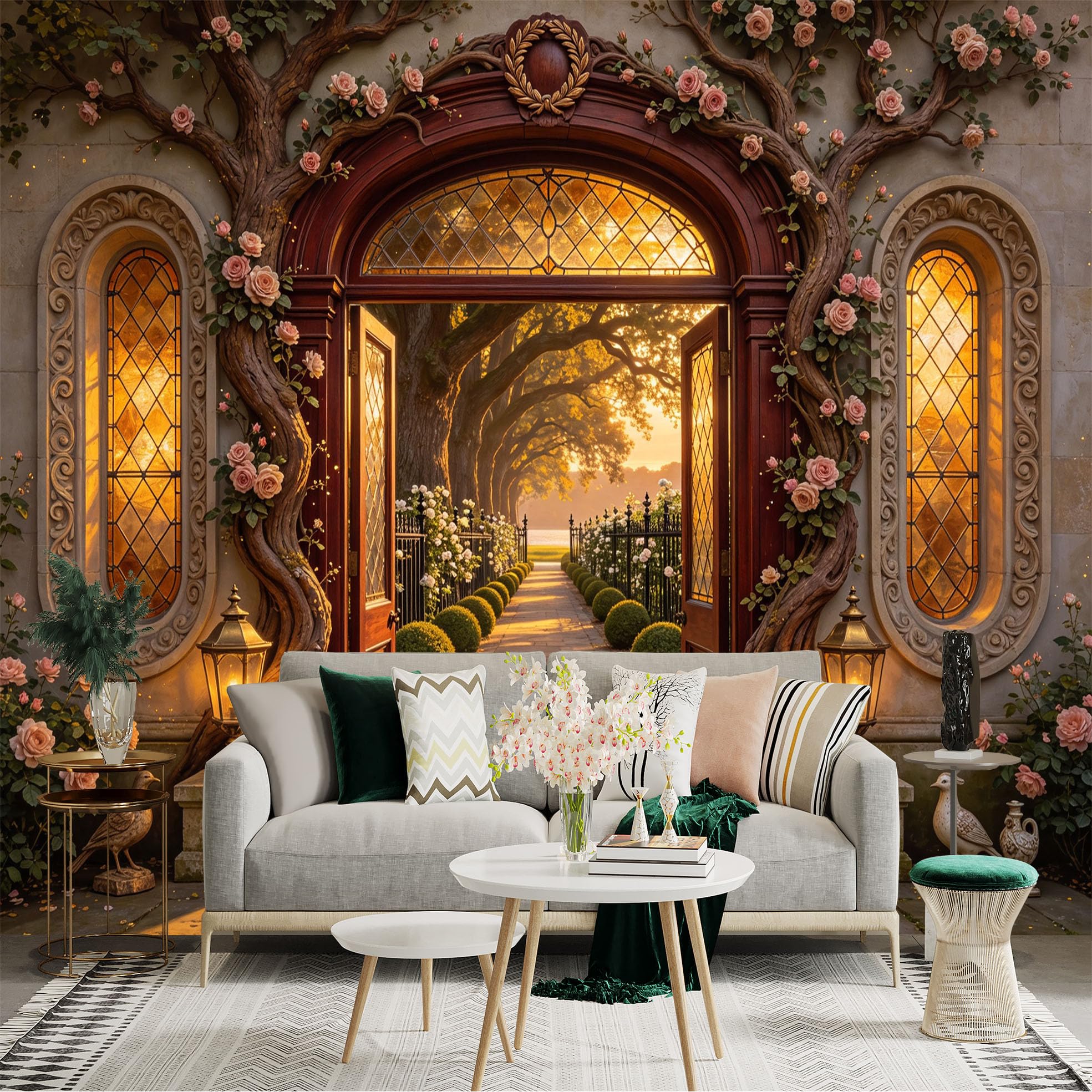 Custom Size Wall Sticker Mural， Vintage Garden Archway with Roses， Sunset Path and Elegant Trees， for wall Decoration， peelandstick wall Decals.