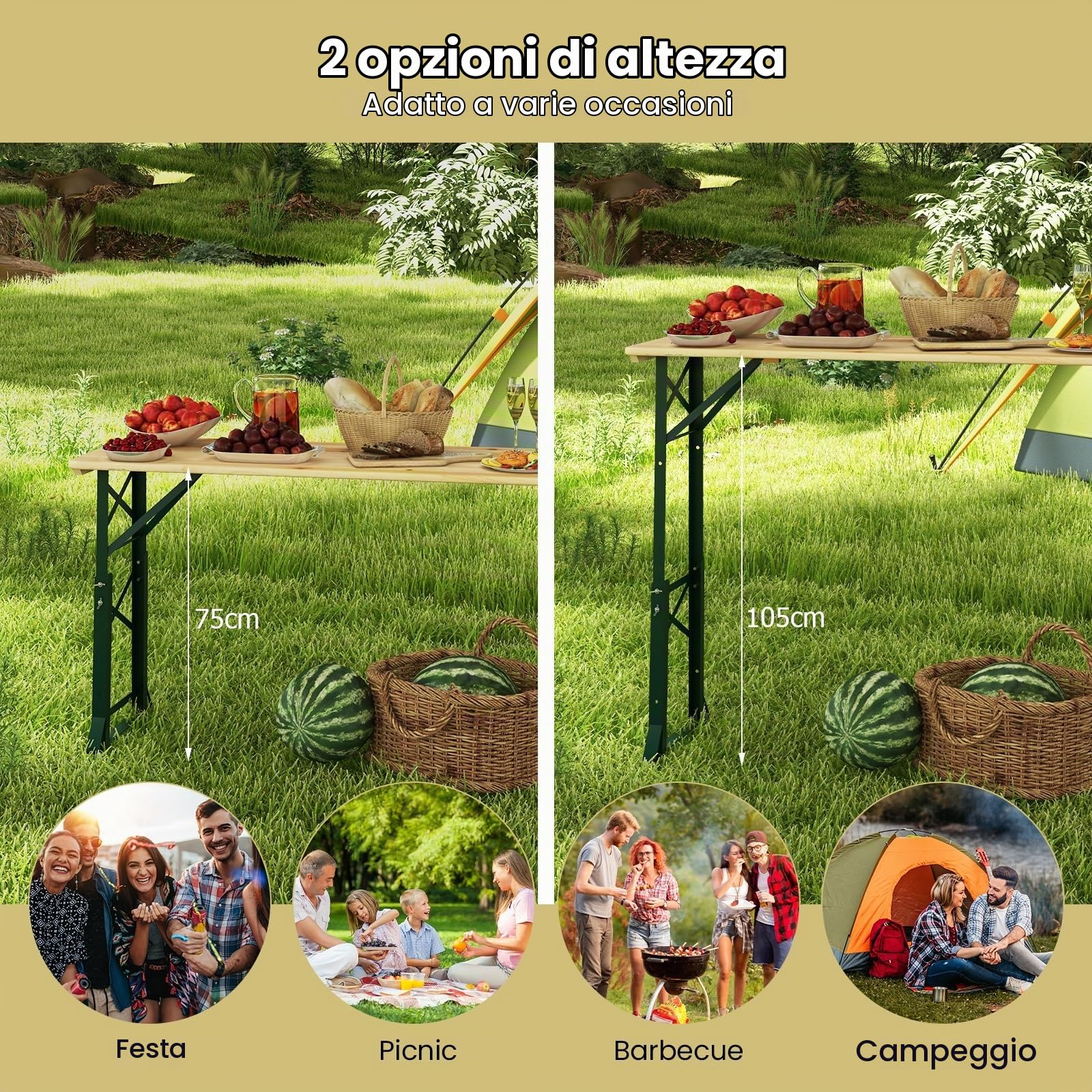 GIANTEX Tavolo Pieghevole per Birra e Feste, Altezza Regolabile 75 cm/105 cm, Lunghezza 168,5 cm con Foro per Ombrellone, Tavolo da Buffet e Bar per Terrazza ed Esterni
