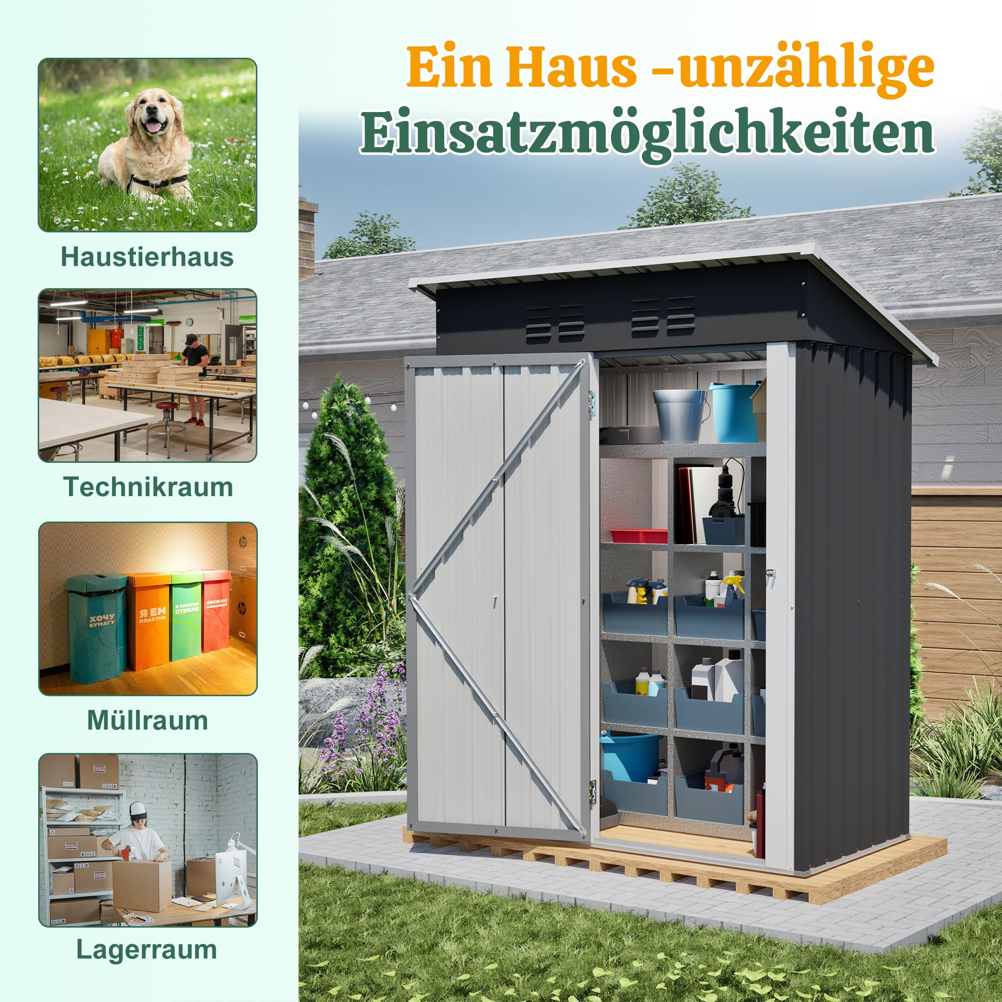 Casetta per attrezzi in metallo con tetto spiovente, in acciaio zincato a caldo con fondo, 230 x 180 cm, resistente agli agenti atmosferici come garage per biciclette, attrezzi da giardino e robot