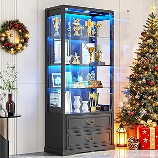 Glass Display Cabinet with Door, 4-Tier Curio Cabinet with 2 Drawers and Adjustable Glass Height Showcase, Display Case with 3 LED Light and Human Body Sensor, Black