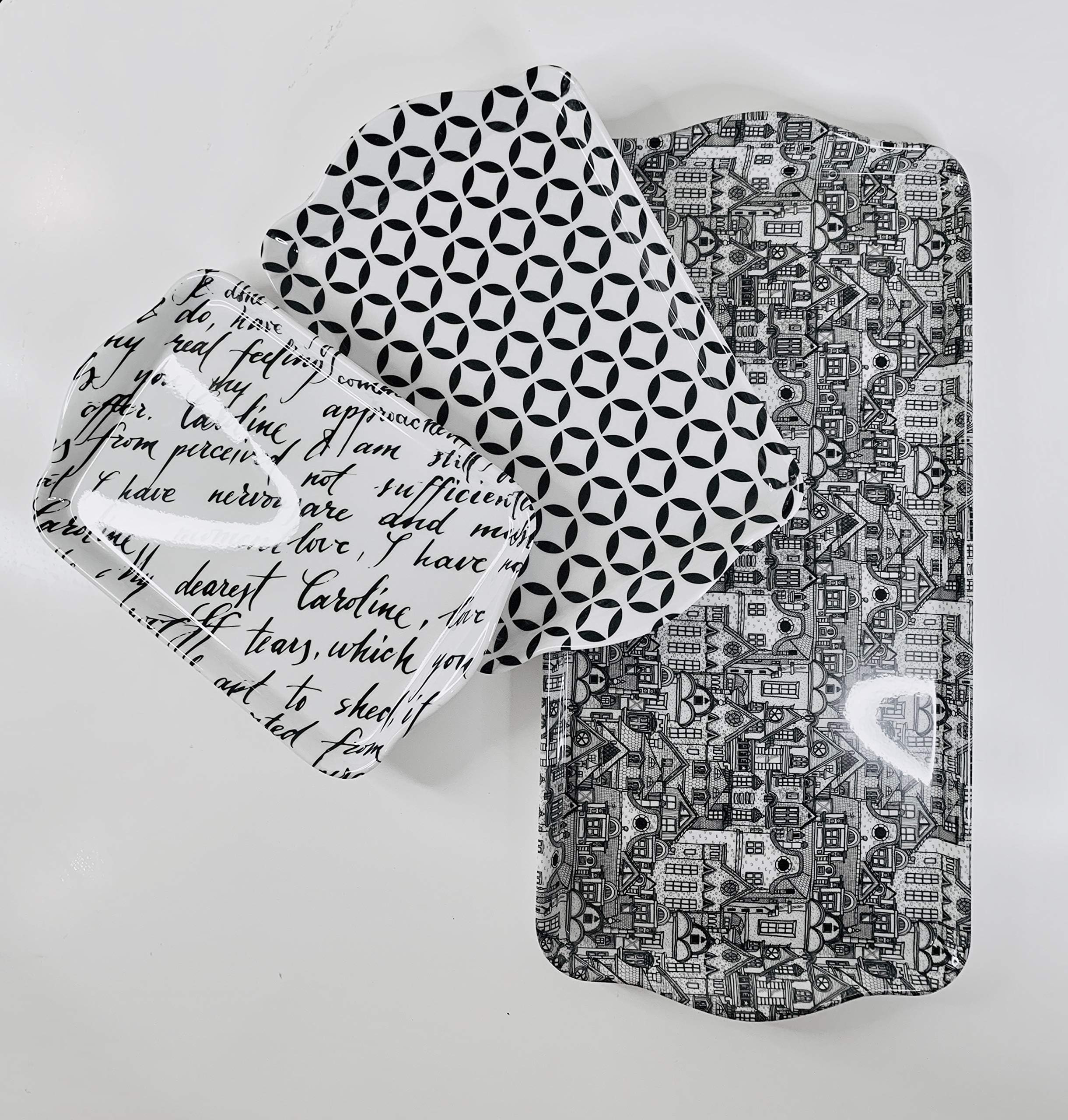 Decorative Melamine Serving Trays - Black&White - Set of 3-17x36, 15x24,14x21 centimetres - Multipurpose, Light, Sturdy, Handy and Easy to Carry - Great for Serving Cake and Sandwiches - by Stoptray
